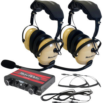 Two Navatlas Communication System Over the Head Beige Headsets with microphones, a black/red intercom control box, and multiple connecting cables are shown on a white background—perfect for clear VOX voice-activated communication.