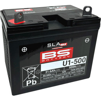 A black Battery U1 by Bs Battery features red and white labels, 12V, 31.6Ah, 500A CCA specs, spill-proof AGM lead-acid design, and visible top terminals.