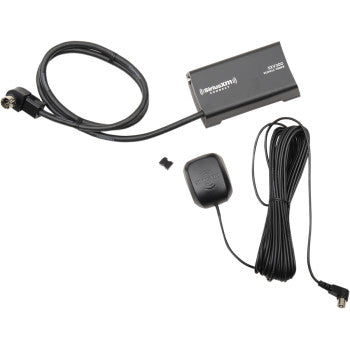 The UTV Sirius XM Radio Tuner by Jensen, shown with a vehicle antenna and cables on a white background, features the SiriusXM logo and model details—perfect for upgrading your car audio system.