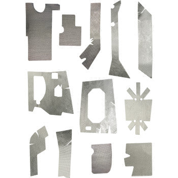 A set of uniquely shaped, flat metallic pieces from the Can Am Heat Control Kit by DEI, each with cutouts and holes, arranged on a white background—ideal for engine heat shielding or insulation needs.