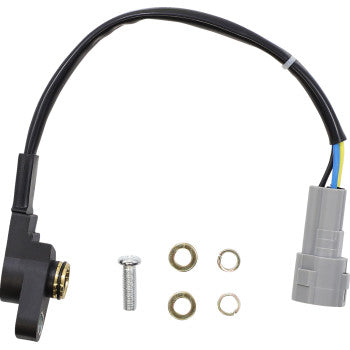 Black plastic Polaris throttle position sensor with cable and gray connector, including mounting screw and washers.