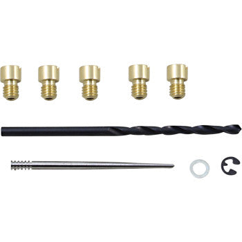 Five brass jet screws, one black metal drill bit, one silver metal reamer, one small washer, and one black E-clip arranged.