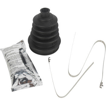 Black rubber CV boot with accordion folds, grease packet, metal clamp, and small wire clip for offroad vehicle use.