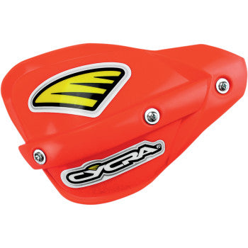 The Probend™ Plastic Replacement Handshields Red by Cycra feature bright red injection-molded plastic, silver screws, a yellow and black decal, white Cycra logo sticker, and Comfort Edge design for added protection.
