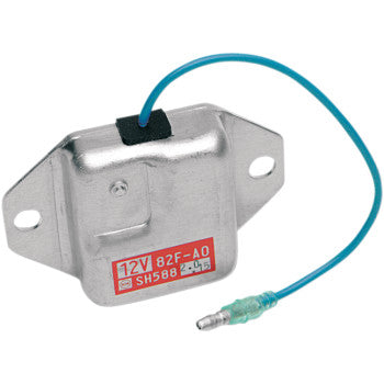 Silver metal Yamaha regulator/rectifier with mounting holes and a blue insulated wire ending in a connector terminal.