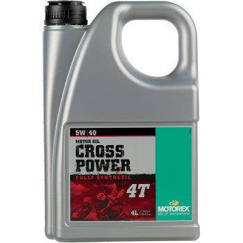A 4L silver container of Motorex Cross Power Synthetic 4T Engine Oil 5W-40, fully synthetic for 4-stroke engines, featuring a motocross rider illustration on the front.