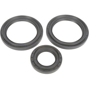 Three black rubber seals of varying sizes, from the Yamaha Differential Seal Kit Rear by Moose Offroad, are arranged on a white background. These circular seals with ridged edges are designed for differential maintenance in vehicles.