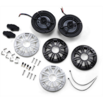The All Weather 4" 2-way 4 Ohm Speakers by Kicker come with UV-resistant black and white grilles, polypropylene woofers, mounting hardware, screws, connectors, and wire—all displayed on a white background.