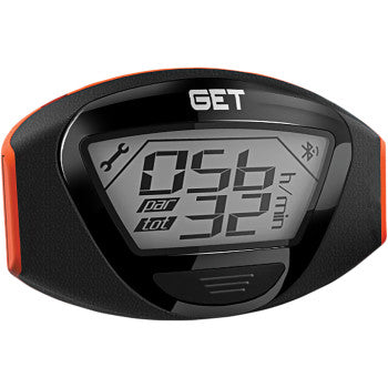 The Settable SOS Alarm Wireless Hourmeter by Get is a black digital device with orange accents, an LCD showing numbers, tool and Bluetooth icons, the GET brand at the top, and integrated bike hour counter for seamless tracking.