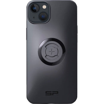The SPC+ Phone Case iPhone® 14+ by Sp Connect is a black case with a circular magnetic ring and raised central emblem, featuring SP near the bottom, designed for seamless MagSafe compatible wireless charging.