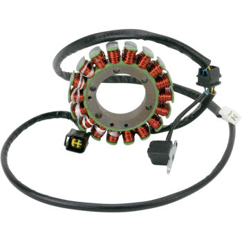 Circular metal Suzuki stator with coiled copper wiring and attached black electrical cables with connectors.