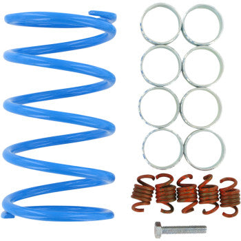 The Clutch Kit by Epi, featuring a large blue coil spring, six metal rings, six small copper-colored springs, and a metal bolt, is displayed neatly on a white background.
