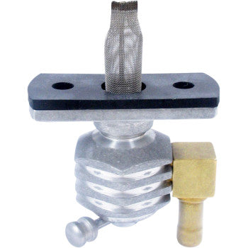 The Suzuki Power Flo™ Petcock Fuel Valve by Pingel features billet aluminum construction, a brass outlet, mesh intake tube, and black mounting plate for precise fuel flow control in small engines or motorcycles.
