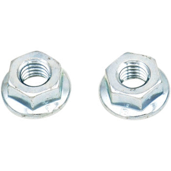 A pack of 10 Bolt M6 silver hexagonal flange nuts with threaded holes is shown on a white background, ideal for motorcycle hardware or service department assortment replacement packs.