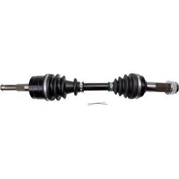 Black metal axle shaft with rubber accordion boots on both ends and a small metal pin below it.