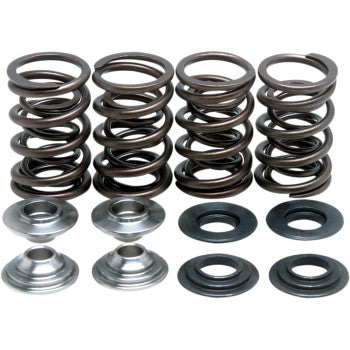 The Suzuki Valve Spring Kit 0.440" Lift by Kibblewhite features four dual valve springs and eight metal retainers, neatly arranged on a white background—perfect for turbocharged engines or high-performance camshafts.