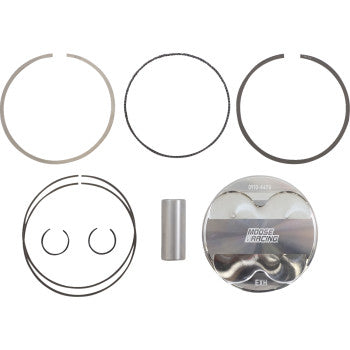 The Kawasaki Piston Kit 96.00 mm by Moose Offroad, made in the USA, is shown on a white background and includes a Moose-branded forged piston, three rings, two circlips, a wrist pin, and a gasket ring.