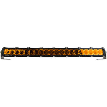 The Light Bar 20" Flood Amber by Heretic features a sleek black frame with multiple amber LEDs in a row, designed for vehicle mounting. It comes with a durable stainless steel mount for secure installation.