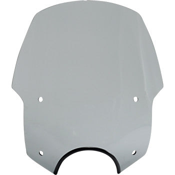 A black smoke Alley Cat Windshield by Memphis Shades with a 7 headlight cut out and four mounting holes.