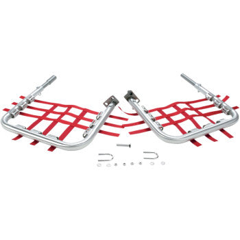 Two Honda TRX Nerf Bars X Natural Red by Dg Performance, with aluminum tubing, steel brackets, and red webbing, are displayed side by side on a white background, with mounting hardware (bolts, nuts, washers) arranged between them.