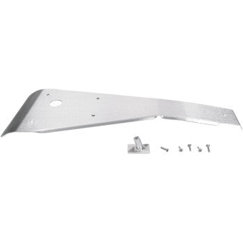 Silver metal skid plate with angled edges and pre-drilled holes, including mounting hardware screws and bracket.