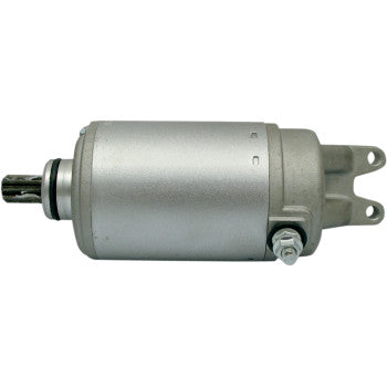 The Can-Am Starter Motor by Rick’s Motorsport Electric is a metallic, cylindrical aftermarket starter with a protruding gear and two mounting brackets, featuring longer-life bearings for durability, shown on a white background.