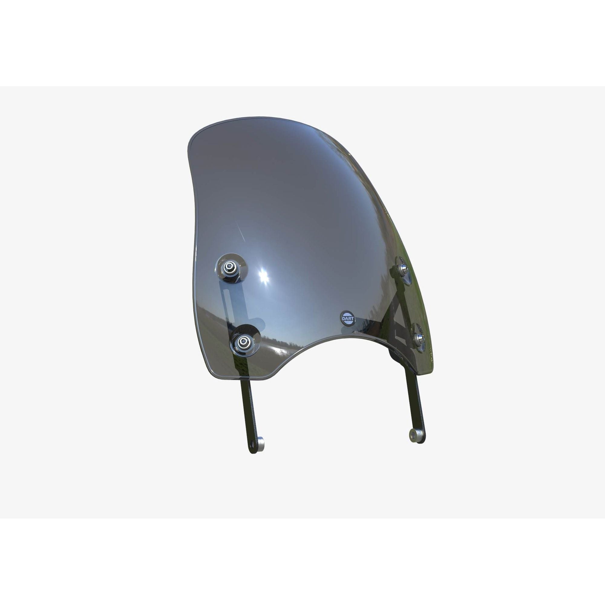 Dark tinted curved motorcycle flyscreen windshield with black mounting brackets.