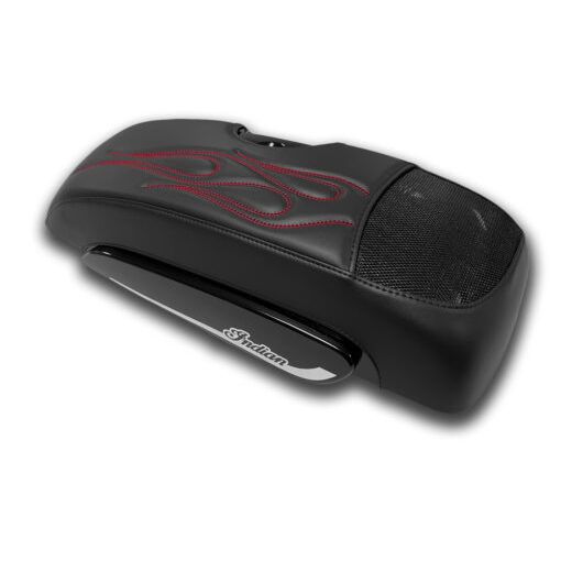 Black Indian motorcycle saddlebag audio lid cover with red flame design and textured speaker area.