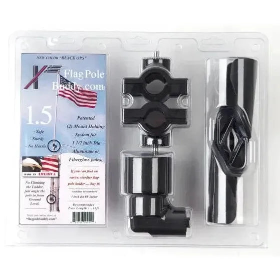 Plastic packaging contains the Flagpole Buddy 1.5 Ladder Mount by 5150 Whips (black and silver, UV protection) with insert showing product info and an American flag image.