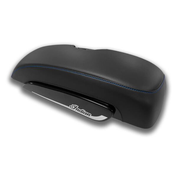Black flat top motorcycle saddlebag lid cover with blue stitching and ShoreFire logo on matte finish side panel.