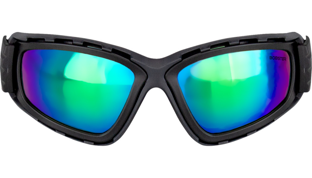 Matte black frame motorcycle goggles with blue-green mirrored wraparound lenses and ventilation vents.