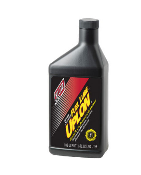 A black plastic bottle of Uplon Fuel Lube (1 Pint) by Klotz Oil features a red, black, and yellow label with bold text and screw cap. Contains 16 fl oz (473 mL) of fuel lubricant, ideal for Victory motorcycles.