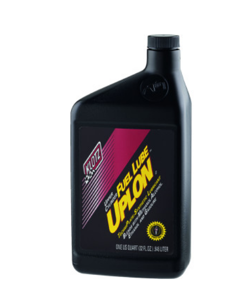 A black plastic bottle of Klotz Uplon Fuel Pump Lube (1 Pint) with a black cap and a diagonal red and yellow label, designed for anti-wear protection and superior lubrication.