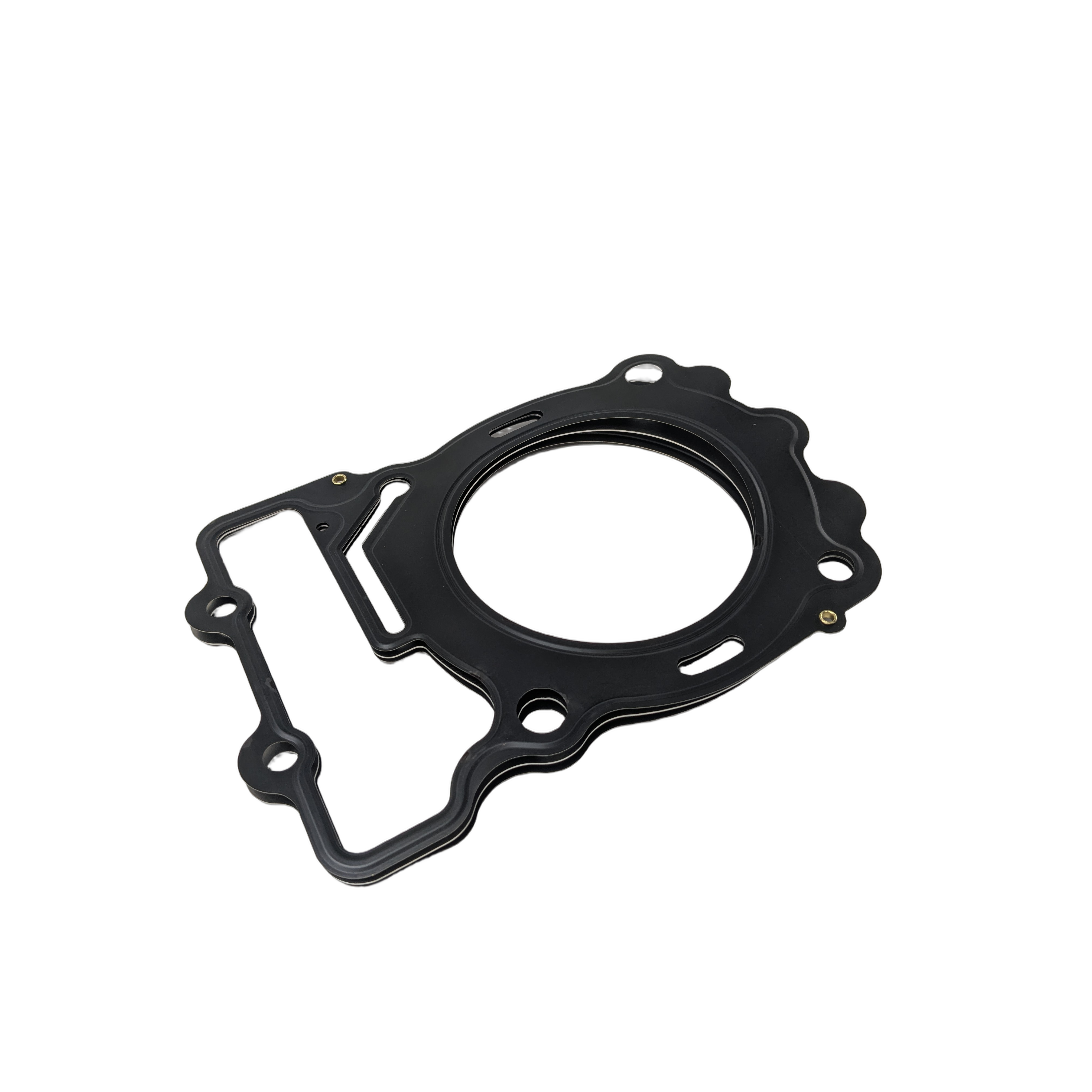 Black multi-layer steel cylinder head gasket with circular and irregular cutouts and metal reinforced bolt holes.