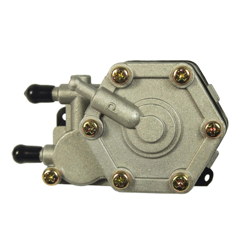 Close-up of the Polaris ATV Mechanical Fuel Pump w/ Tank Seal by Quantum—features an octagonal cover, gold screws, two black nozzles, and a top lever; ideal replacement part for small engines and motorcycles.