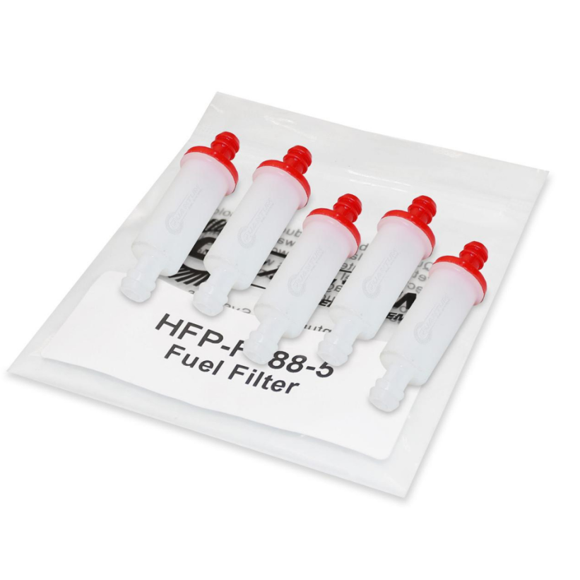Five small white Fuel Filter - OEM Replacement by Quantum Fuel Systems units with red caps are displayed on a package labeled HFP-FF88-5 Fuel Filter, ideal for replacing original filters, against a white background.