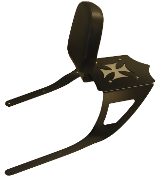 The Luggage Rack Cross with Backrest by BDD Customs is a black sissy bar featuring a padded backrest and decorative cutouts—ideal for passenger comfort and the perfect rear-mounted touring accessory.