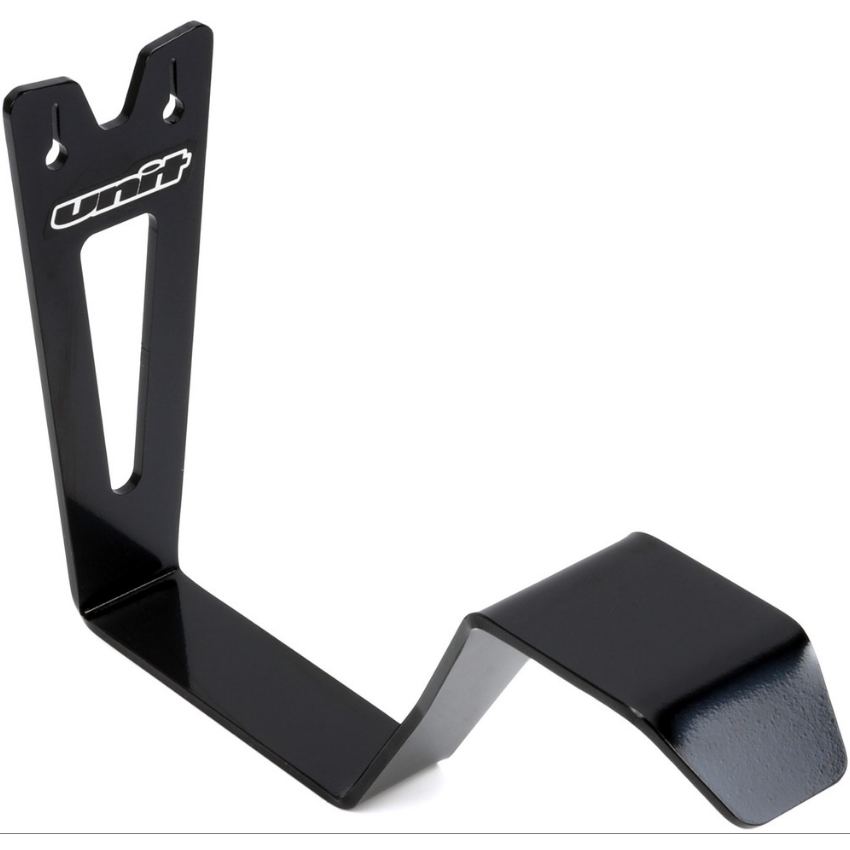 The HELMET HANGER TYPE B by Unit is a black metal wall-mounted holder with an angled hook and unit logo cut-out—ideal as a helmet or garage hook to keep your gear neat and organized.