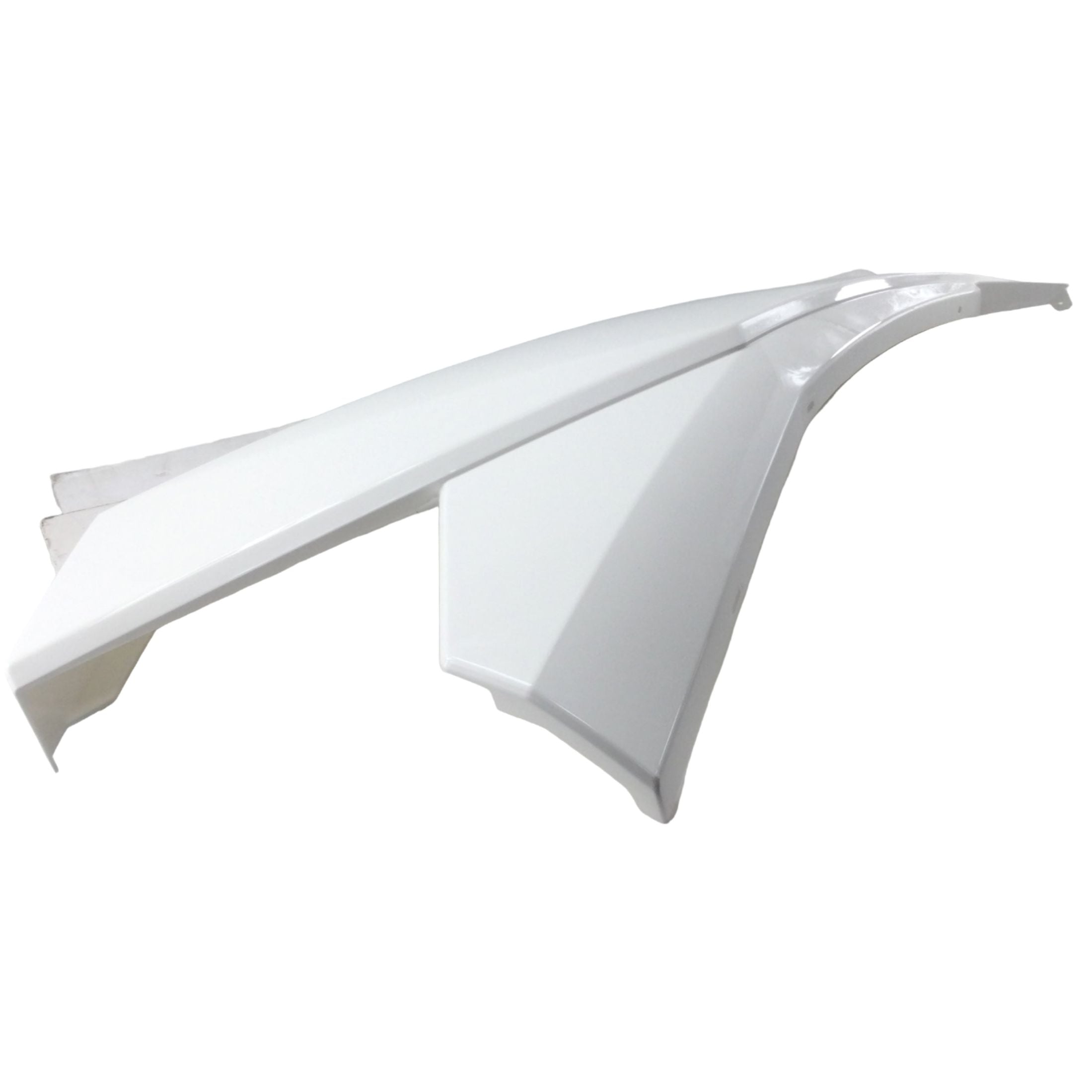 Two White LH Rear Fenders by Can-Am, perfect for ATV replacement, are displayed on a white surface in a well-lit room with a visible light reflector in the background.