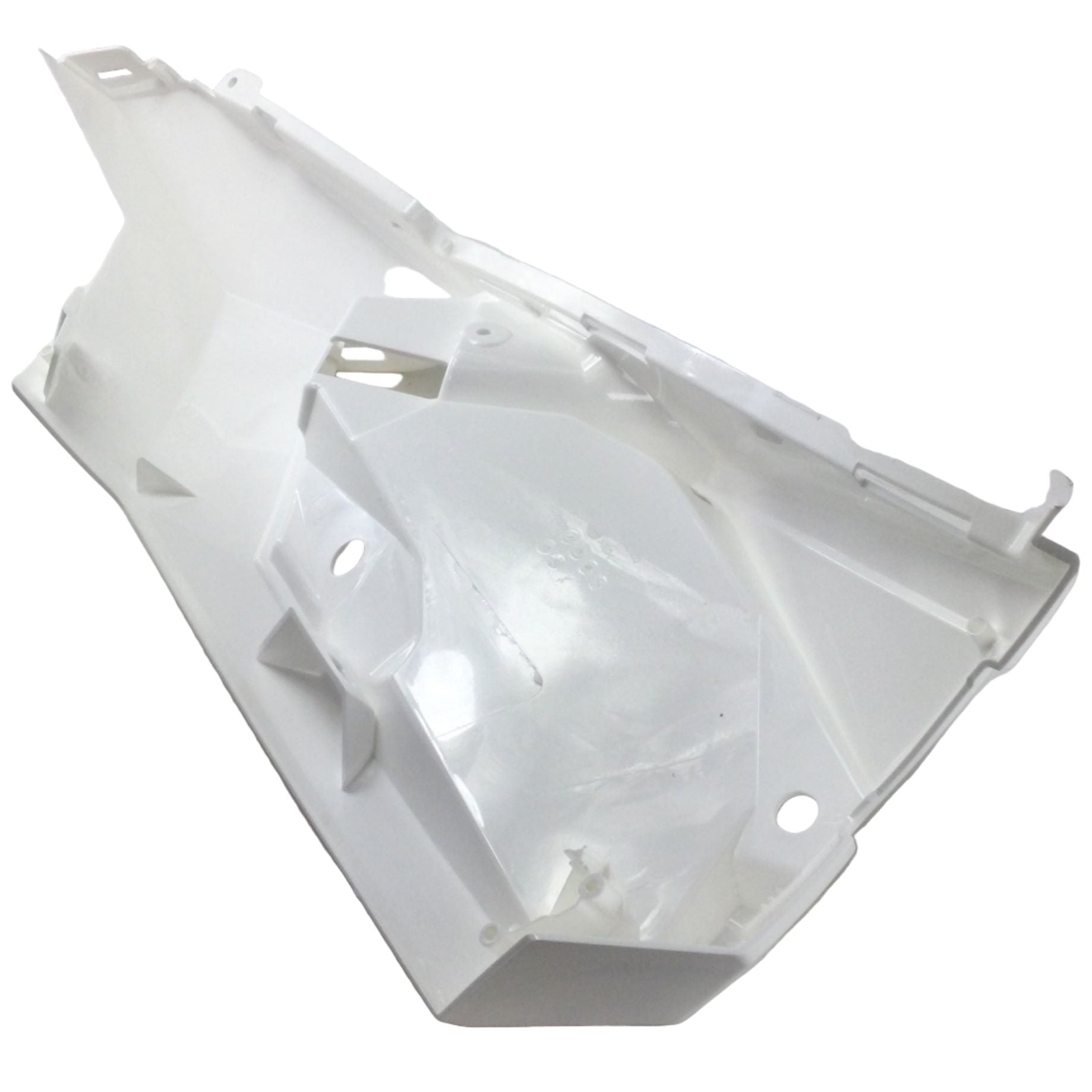 A Can-Am Front Fender, Right Hand Side, in white plastic with angular shapes and holes—displayed on a white surface and ideal for quality OEM replacement parts.