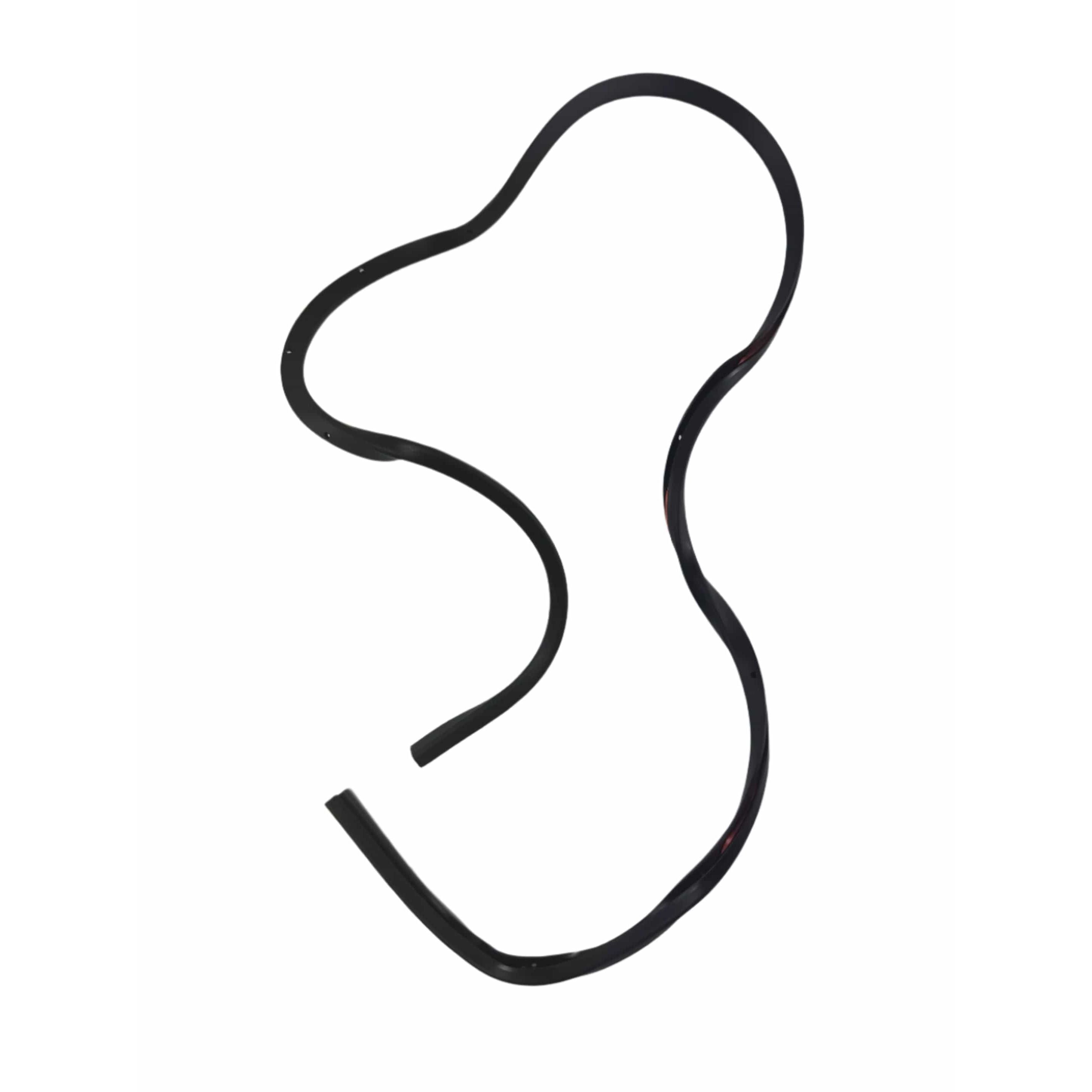A black Trim-Edge Dash by Polaris curves on a white background, creating an abstract looping form with smooth, irregular bends—an ideal OEM accessory for Indian Polaris vehicles.