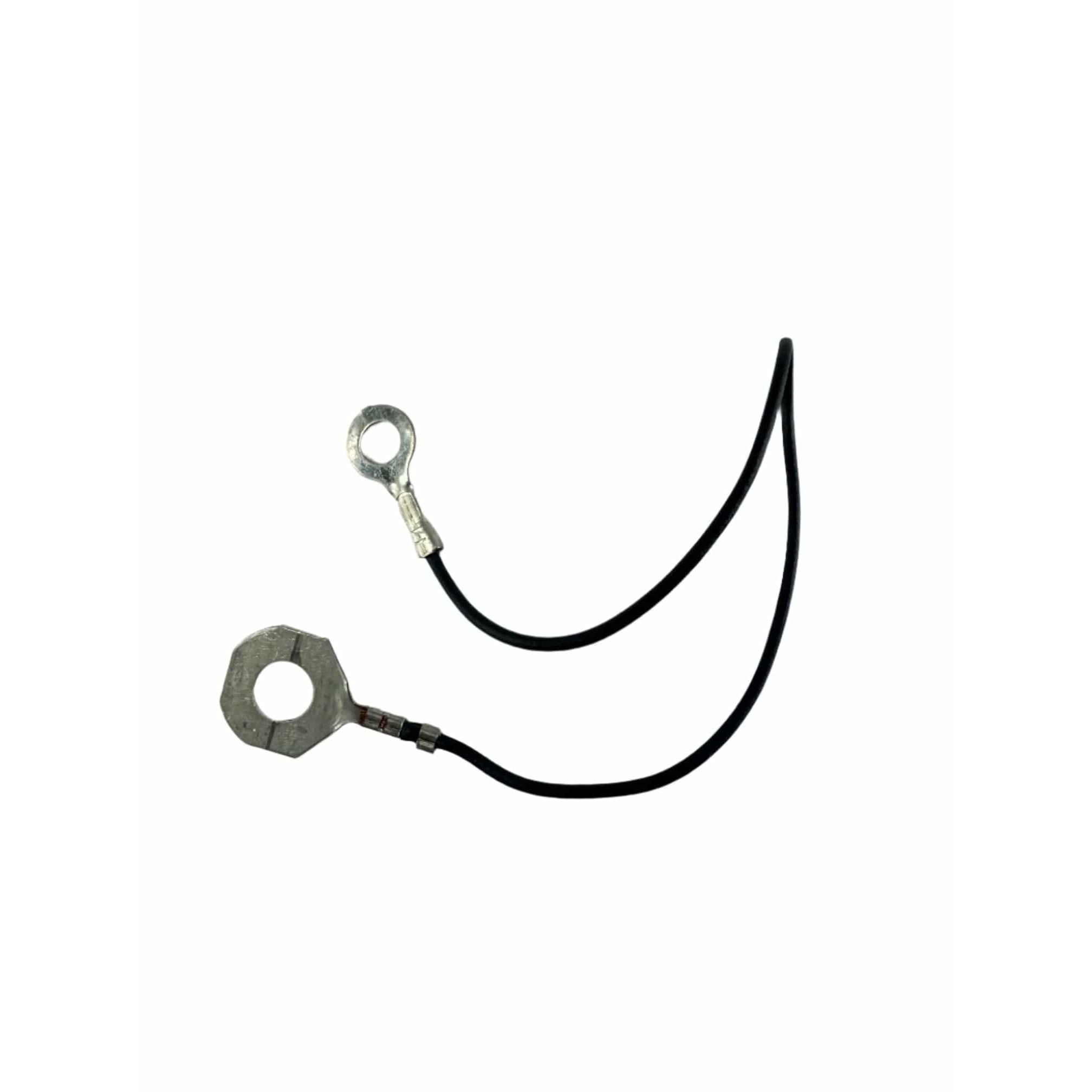 A Polaris Strap, Ground—a black electrical wire with metallic ring terminals on both ends (one attached to a hexagonal metal piece)—is shown against a white background. This is a genuine OEM Victory Polaris part.