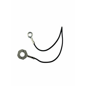 A Polaris Strap, Ground—a black electrical wire with metallic ring terminals on both ends (one attached to a hexagonal metal piece)—is shown against a white background. This is a genuine OEM Victory Polaris part.