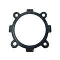 The Gasket, Throttle Body by Polaris is a black circular gasket with five evenly spaced bolt holes, designed for sealing or mounting on Victory motorcycles, shown against a white background.