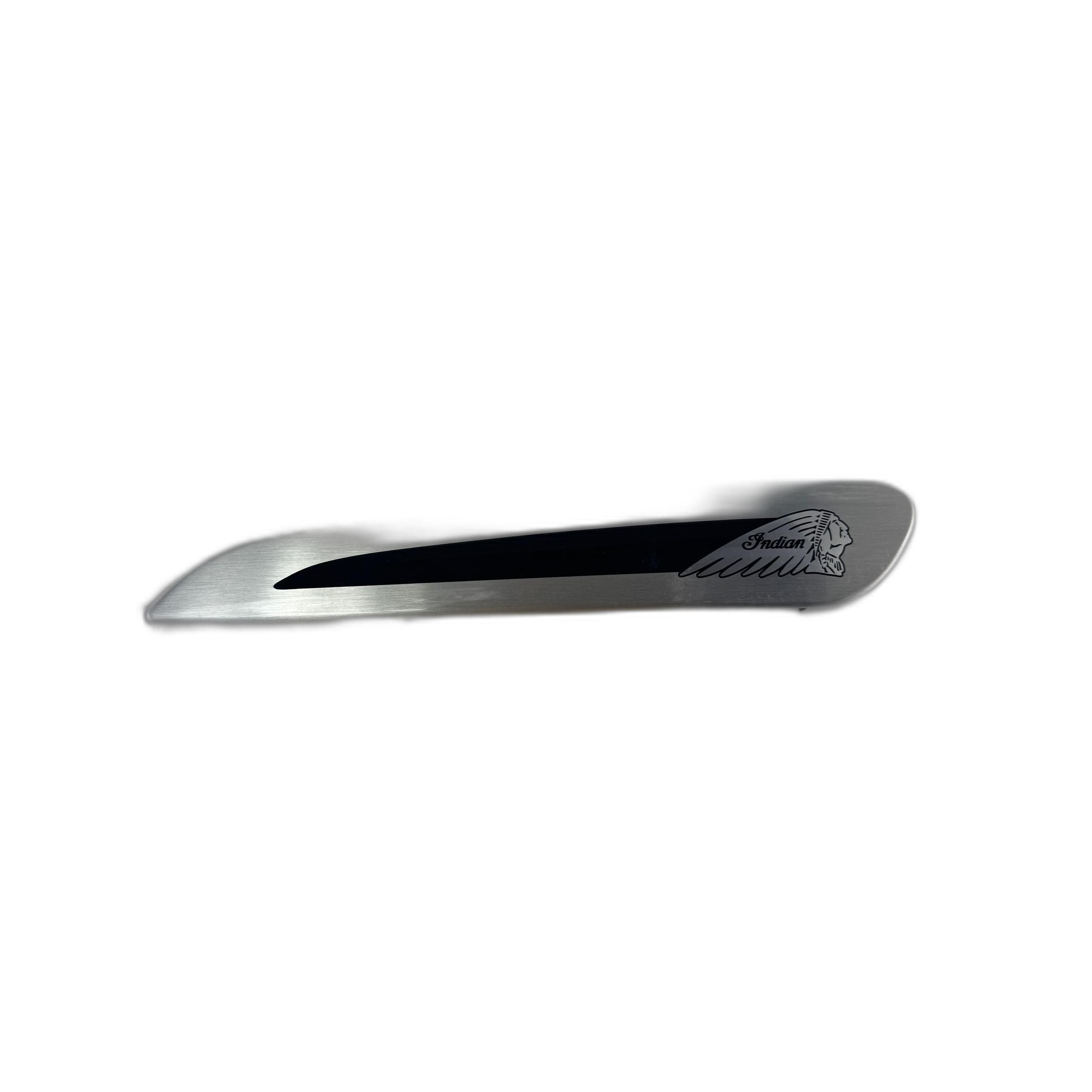 A brushed silver Cover-Hinge,Sbag,RH,Mhrtz by Polaris, featuring a black line and Indian with Native American head engraving—perfect for Indian motorcycle enthusiasts.