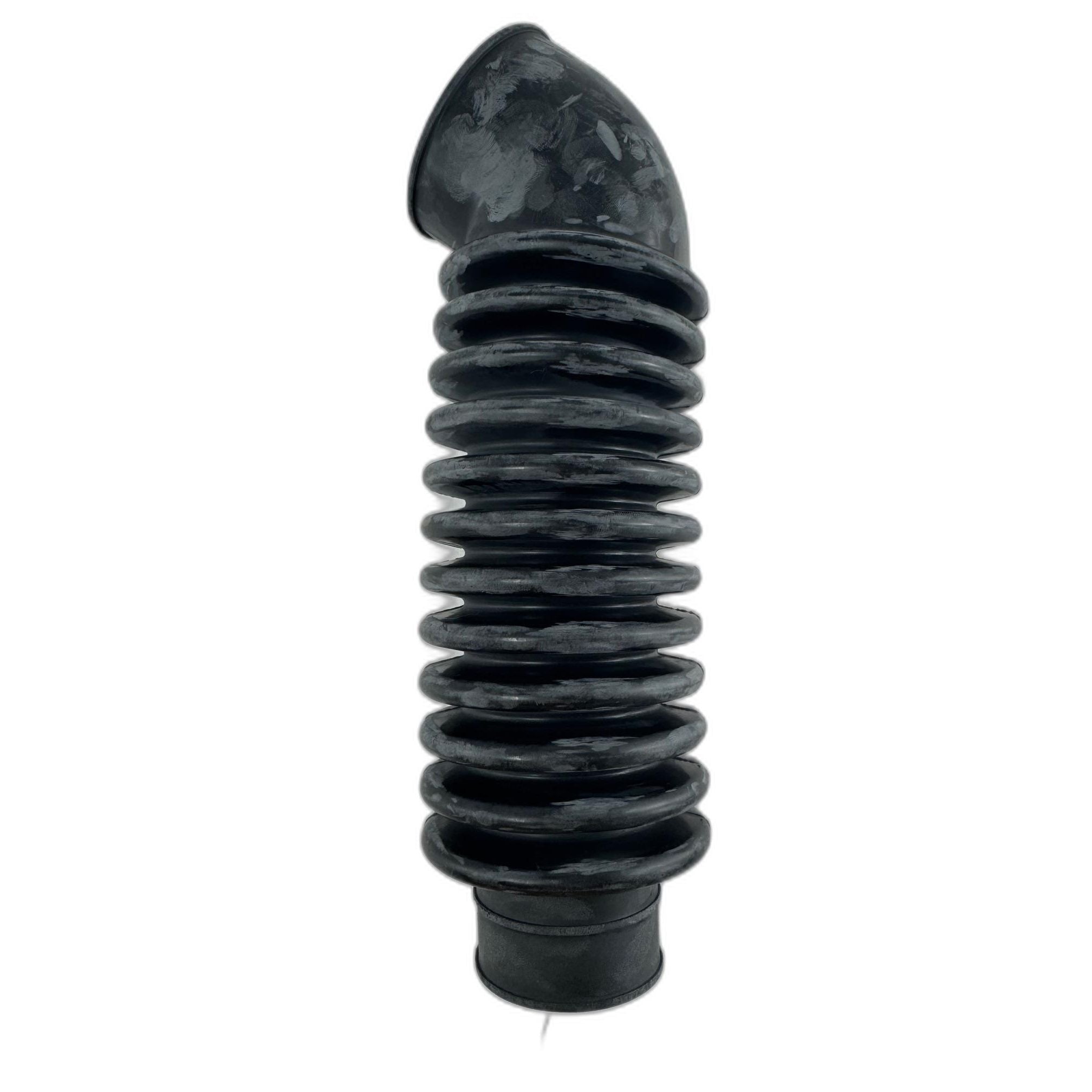 The Duct, Belt Converter by Kawasaki is a flexible black accordion-style rubber hose with a curved top and ribbed, expandable body, ideal for Kawasaki ATV use or other automotive and industrial applications.