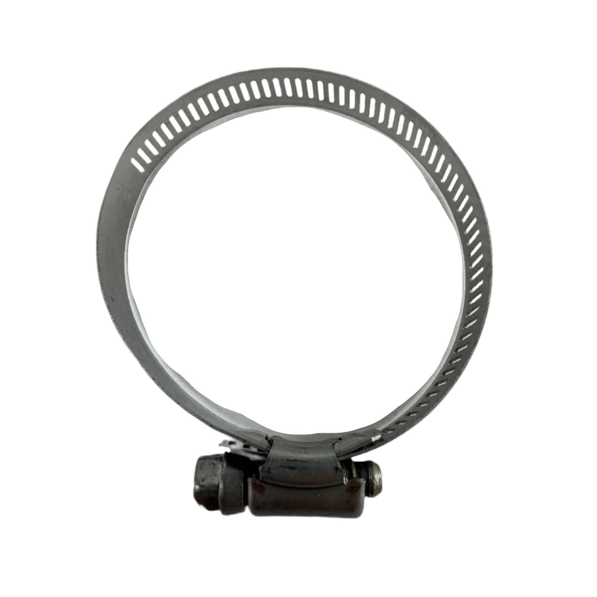 The Clamp by Kawasaki is a metal hose clamp with a worm gear mechanism, displayed open on a white background—perfect as an OEM part for Kawasaki UTVs or other off-road vehicle accessories.