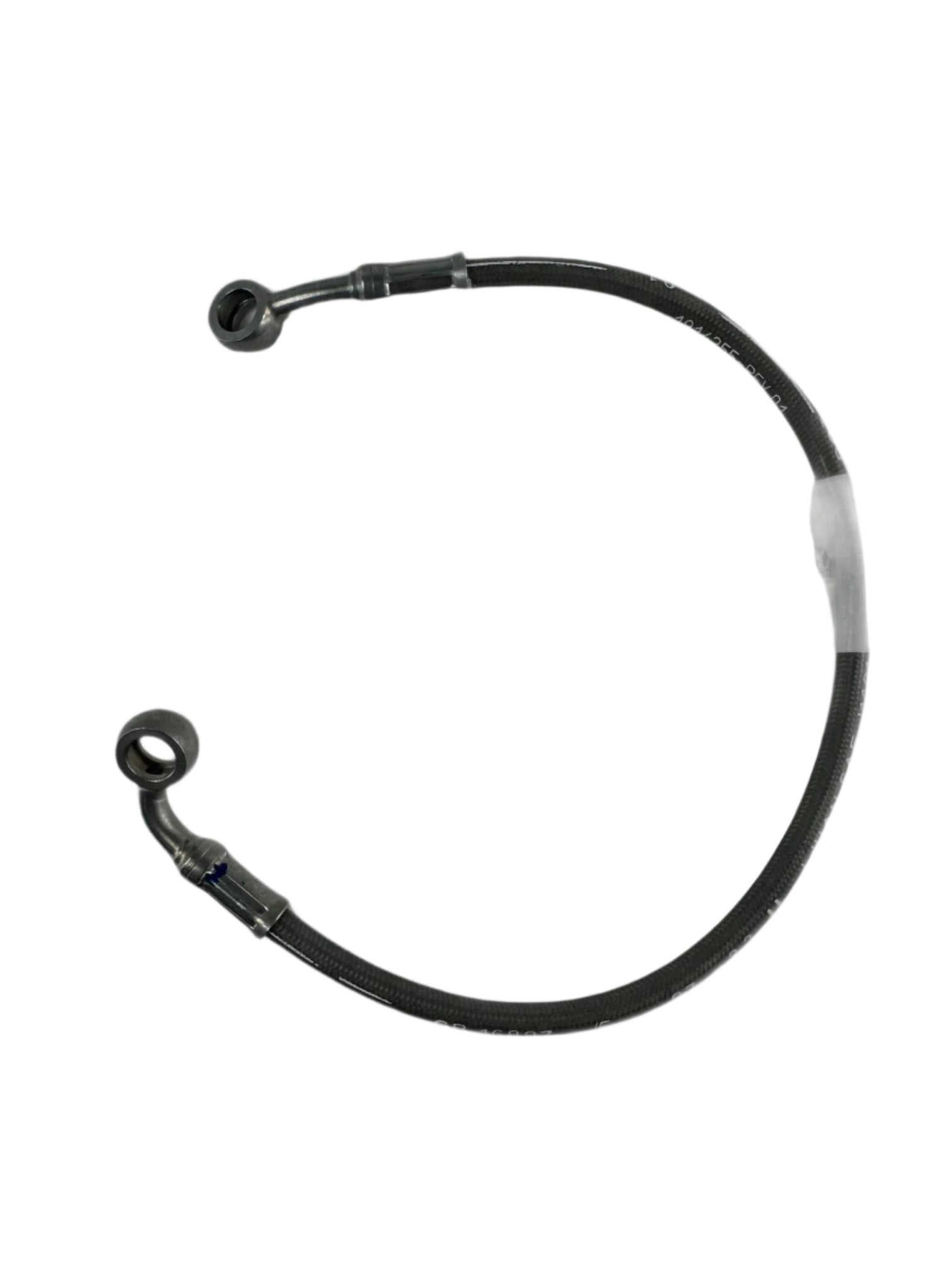 A black braided Hose Brake Abs Rcal by Polaris with metal banjo fittings on both ends, curved semi-circular and isolated on white background. Perfect for replacing Indian Motorcycle OEM and Polaris OEM parts.