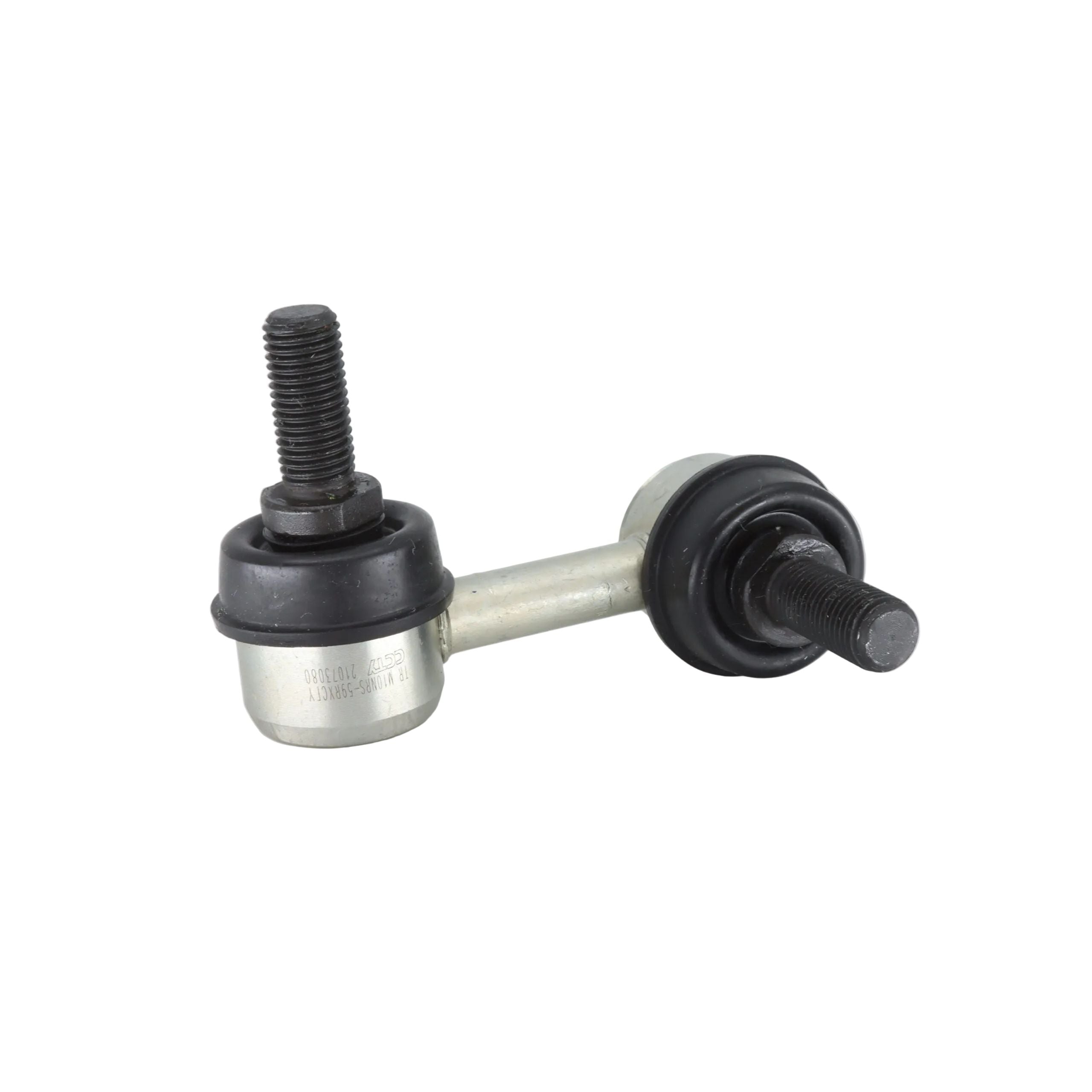 Silver metal tie rod ball pin with black rubber bushings and threaded studs on both ends.