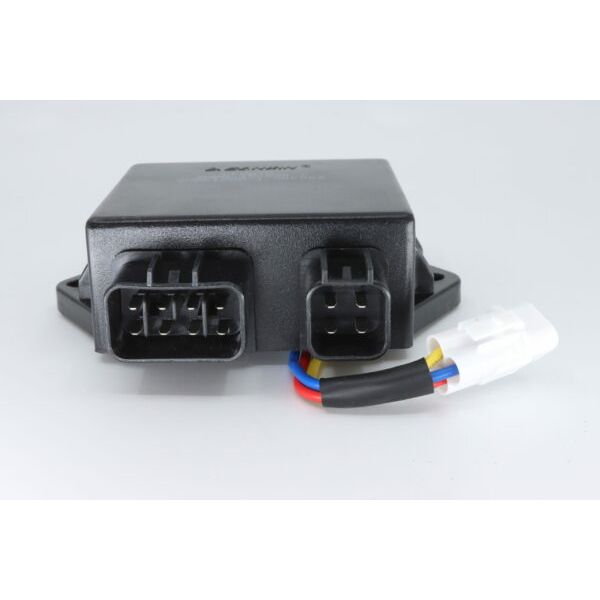 Compact black plastic DRL controller with dual connector ports and multicolored wiring harness.